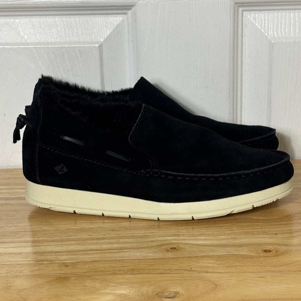 SPERRY Black Suede Moc Sider Moccasin Faux fur lined ankle slip on Shoes Sz 8.5